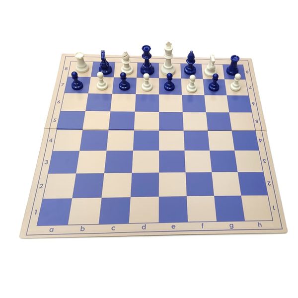 Шахматный набор: доска сине-бежевая, мешочек, фигуры без утяжелителя бело-синие E685 фото