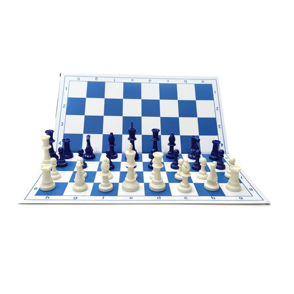 Шахматный набор: доска, мешочек, фигуры без утяжелителя бело-синие E682 фото